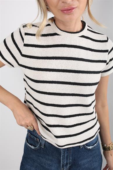 Gold Düğme Detay Siyah Çizgili Örme Bluz