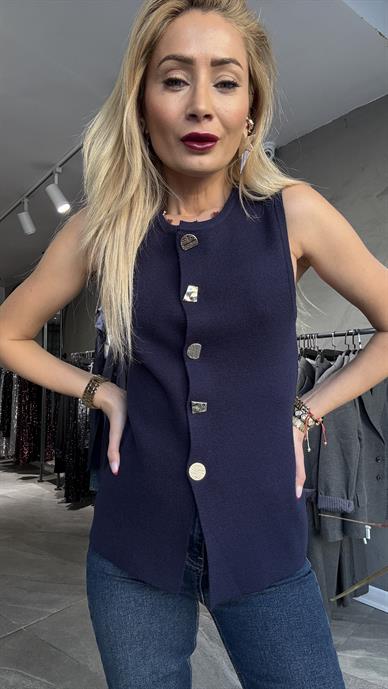 Gold Düğmeli Kolsuz Lacivert Triko Yelek