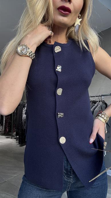 Gold Düğmeli Kolsuz Lacivert Triko Yelek