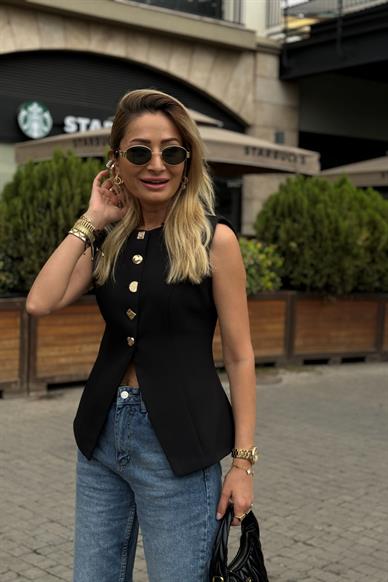 Gold Düğmeli Önü Açık Siyah Yelek