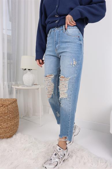 Gölgeli Dizleri  Yırtıklı Likrasız Mom Jean