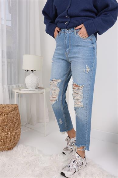 Gölgeli Dizleri  Yırtıklı Likrasız Mom Jean