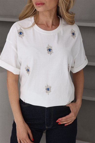 Göz Nakışlı Boncuklu Tshirt