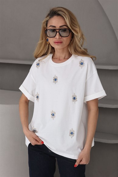 Göz Nakışlı Boncuklu Tshirt
