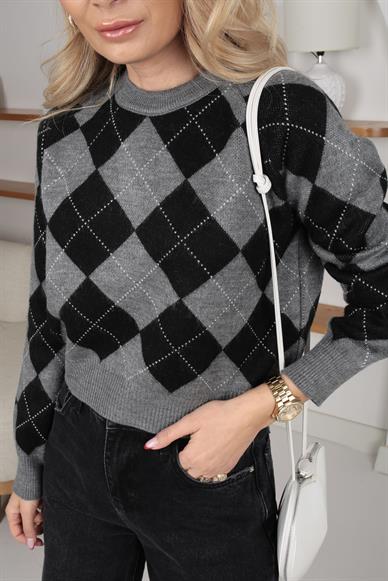 Gri Baklava Desen Triko Kazak