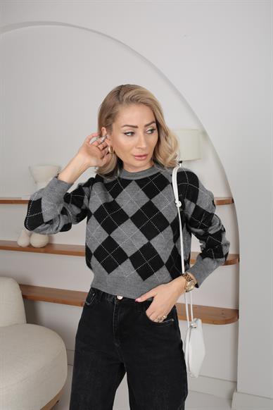 Gri Baklava Desen Triko Kazak