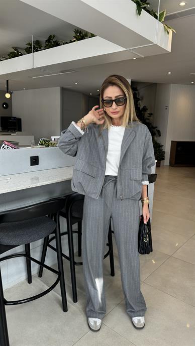 Gri Çizgili Bomber Ceketli Takım