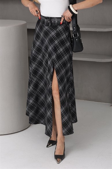 Gri Ekose Kemerli Etek