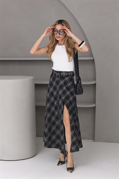 Gri Ekose Kemerli Etek