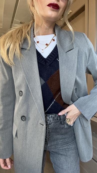 Gri Kapak Cepli Kruvaze Blazer Ceket