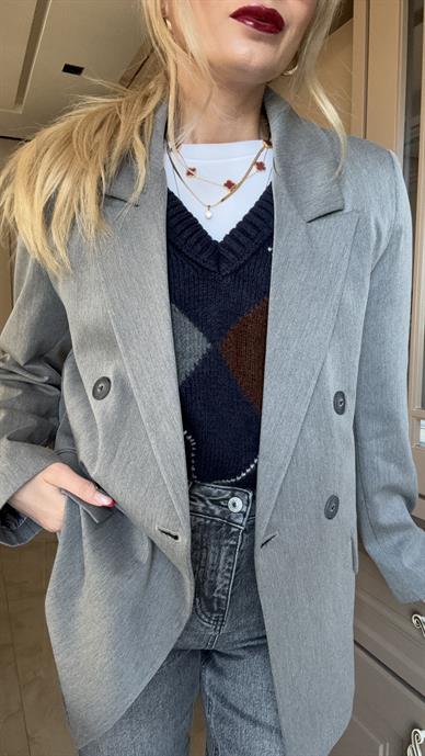 Gri Kapak Cepli Kruvaze Blazer Ceket