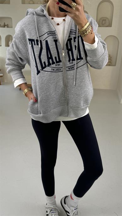 Gri Kapişonlu Nakışlı Sweatsirt