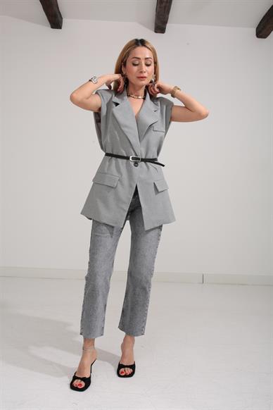 Gri Kemerli Oversize Kumaş Yelek