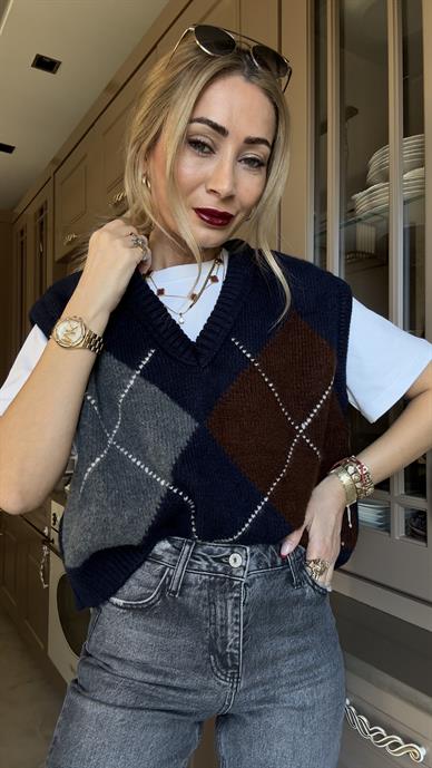 Gri Lacivert Baklava Desen Süveter