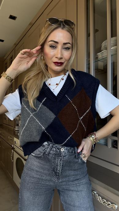 Gri Lacivert Baklava Desen Süveter