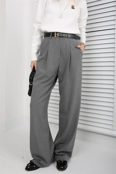 Gri Önü Pileli Palazzo Pantolon