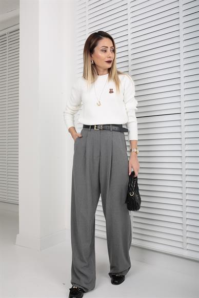 Gri Önü Pileli Palazzo Pantolon