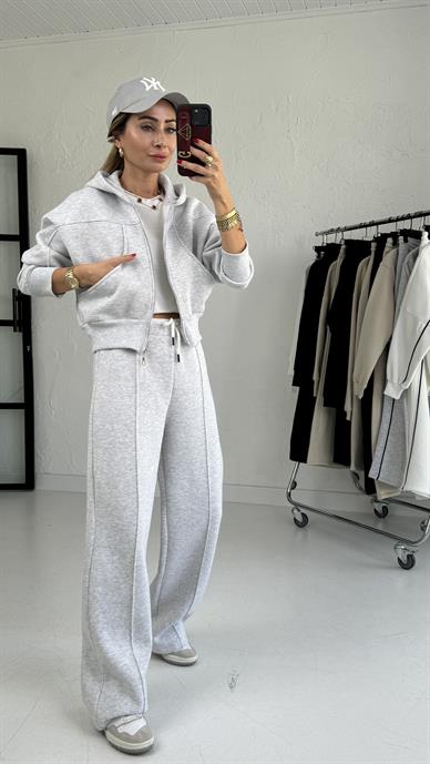 Gri Robalı Kapişonlu Eşofman Takımı