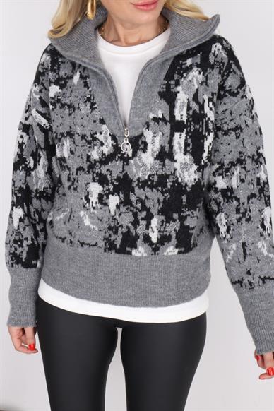 Gri Simli Fermuar Detay Triko Kazak