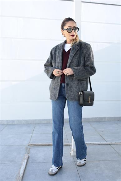 Gri Tüylü Çift Düğme Blazer Ceket