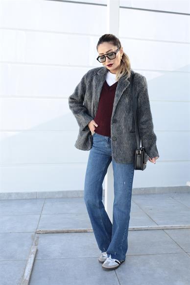 Gri Tüylü Çift Düğme Blazer Ceket