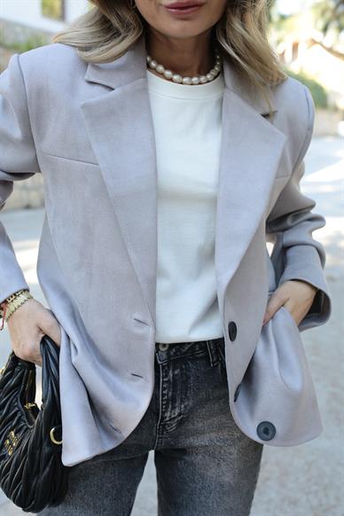 Gri Üç Düğmeli Nubuk Blazer Ceket