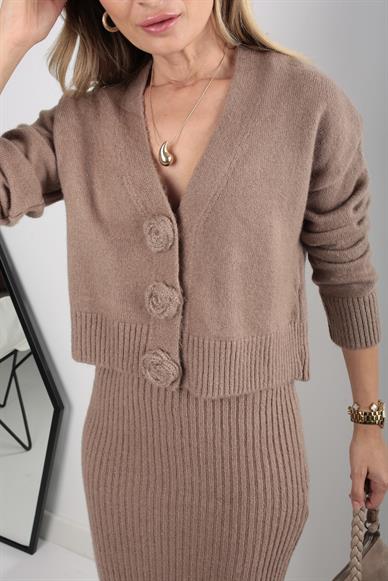 Gül Detay Camel Hırka Elbise Takım