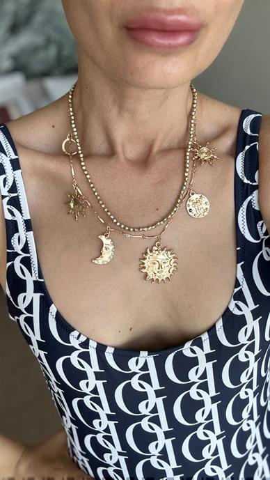 Güneş Figürlü Gold Çoklu Kolye