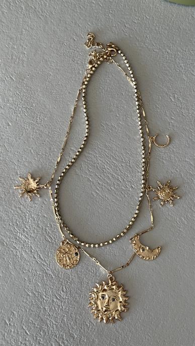 Güneş Figürlü Gold Çoklu Kolye