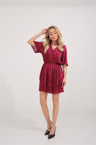 Güpür Detay Bordo Şifon Katlı Elbise