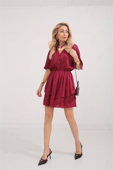 Güpür Detay Bordo Şifon Katlı Elbise