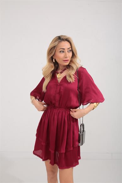 Güpür Detay Bordo Şifon Katlı Elbise