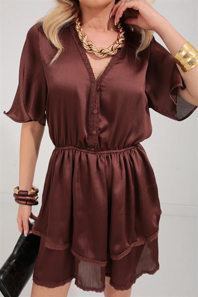 Güpür Detay Kahve Şifon Katlı Elbise