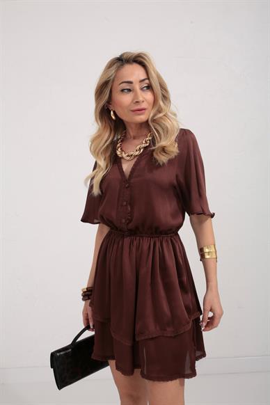 Güpür Detay Kahve Şifon Katlı Elbise