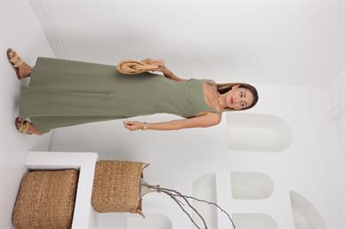 Haki Askılı Keten Elbise