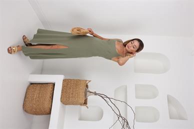 Haki Askılı Keten Elbise