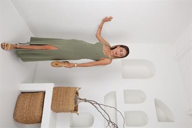 Haki Askılı Keten Elbise