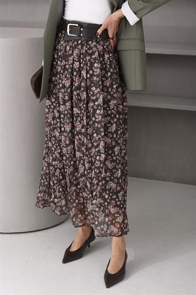 Haki Çiçekli Kemerli Şifon Etek