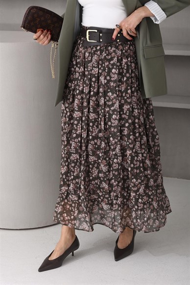 Haki Çiçekli Kemerli Şifon Etek
