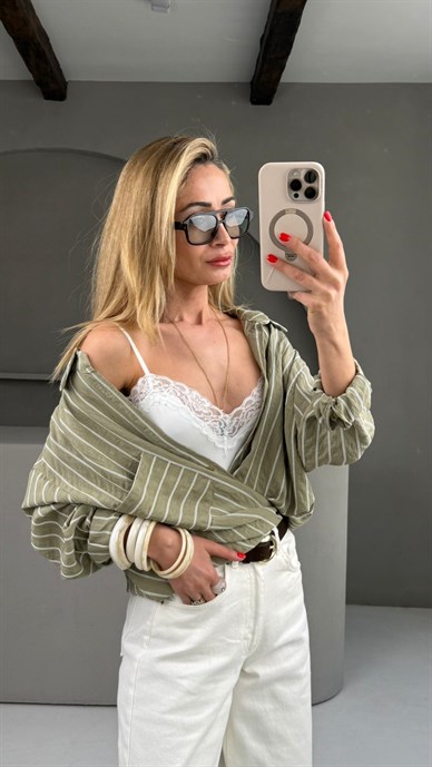 Haki Çizgili Oversize Gömlek