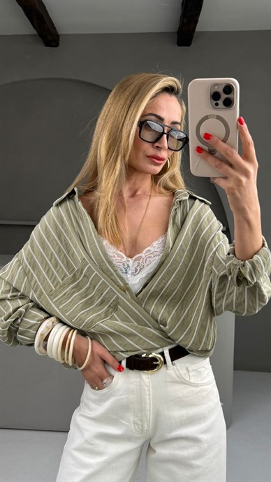 Haki Çizgili Oversize Gömlek