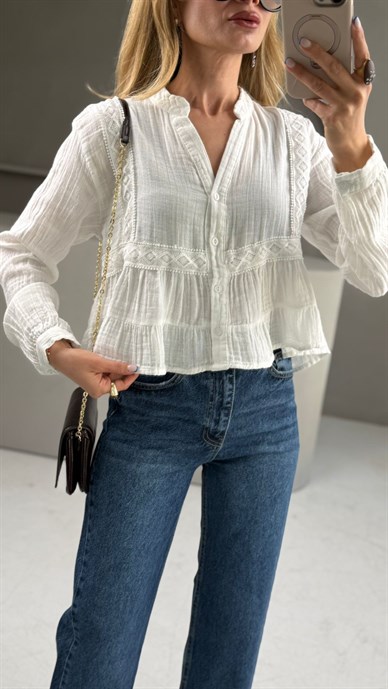 Hakim Yaka Dantelli Ekru Gömlek