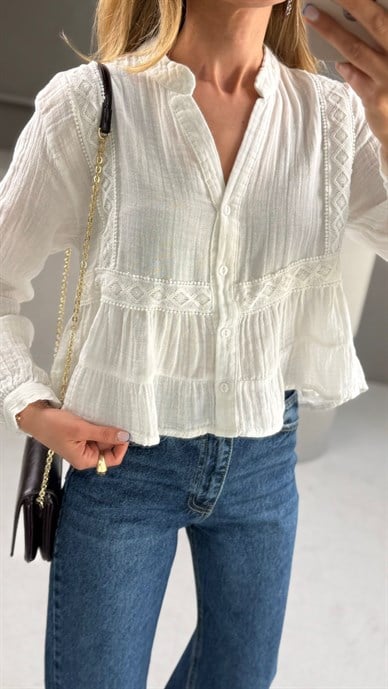 Hakim Yaka Dantelli Ekru Gömlek