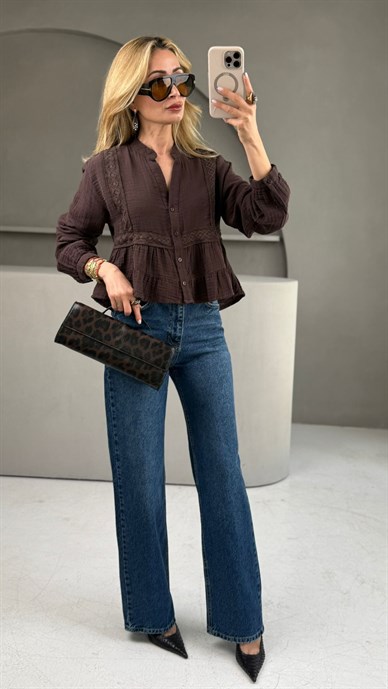 Hakim Yaka Dantelli Kahve Gömlek