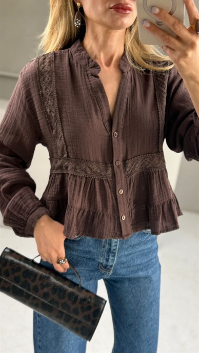 Hakim Yaka Dantelli Kahve Gömlek