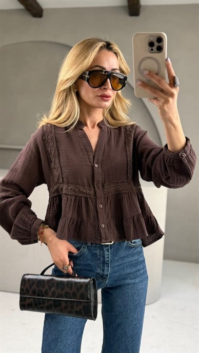 Hakim Yaka Dantelli Kahve Gömlek