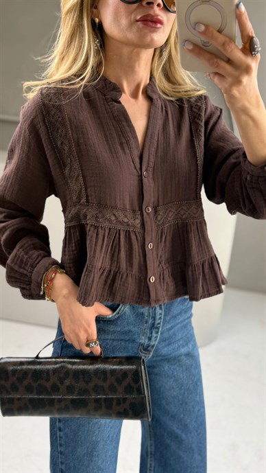 Hakim Yaka Dantelli Kahve Gömlek