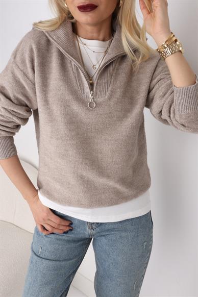 Havlu Örgü Vizon Fermuarlı Kazak