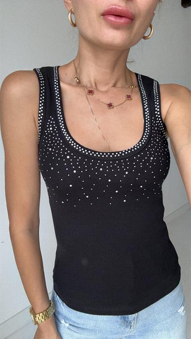 Havuz Yaka Taş Baskılı Siyah Atlet