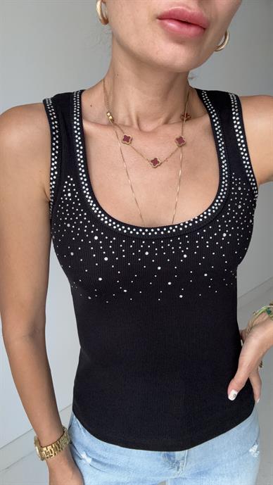 Havuz Yaka Taş Baskılı Siyah Atlet